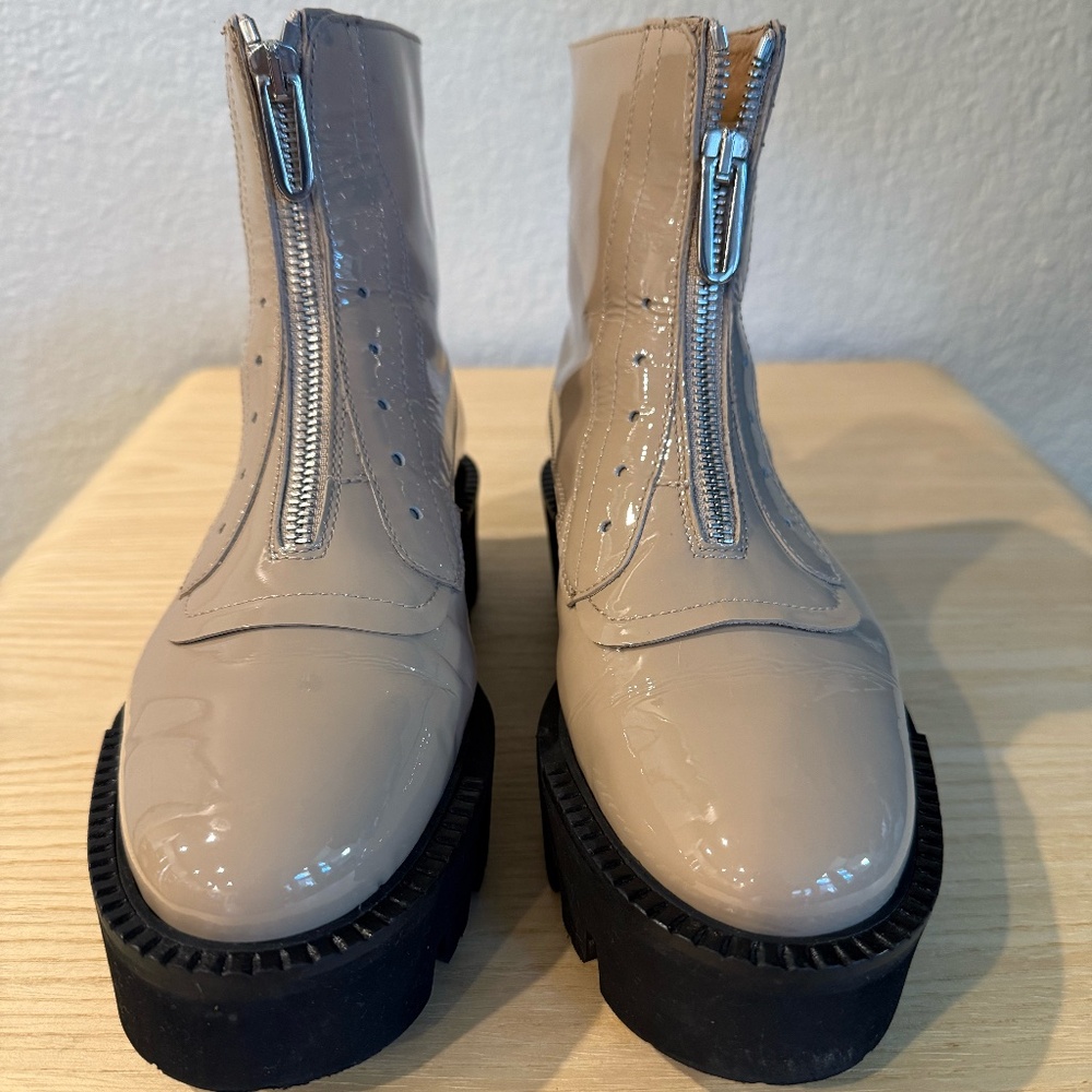 Aquatalia lug sole zip ankle boots. Taupe Patent Leather. 7M